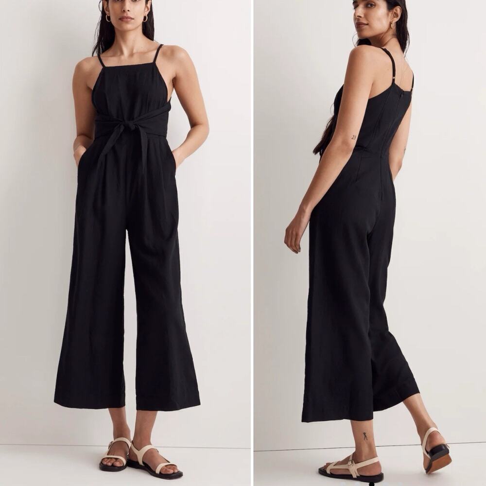 Madewell Tie Waist Wide Leg Linen Blend Jumpsuit Size 0 Black Beachy Capsule NEW